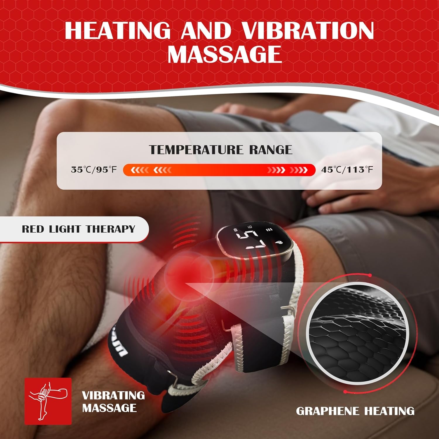 Wireless Red Light Brace Knee Brace with Vibration Massage - 660Nm & 850Nm , Fast Recovery, Rechargeable Device