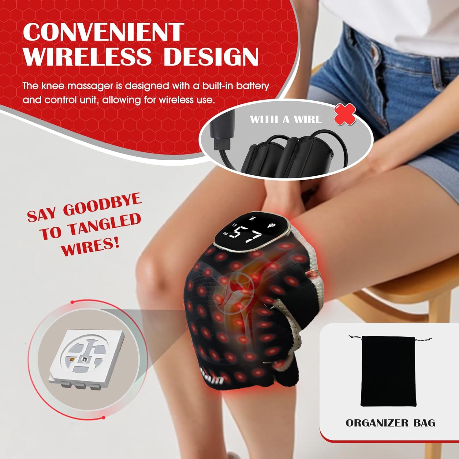 Wireless Red Light Brace Knee Brace with Vibration Massage - 660Nm & 850Nm , Fast Recovery, Rechargeable Device