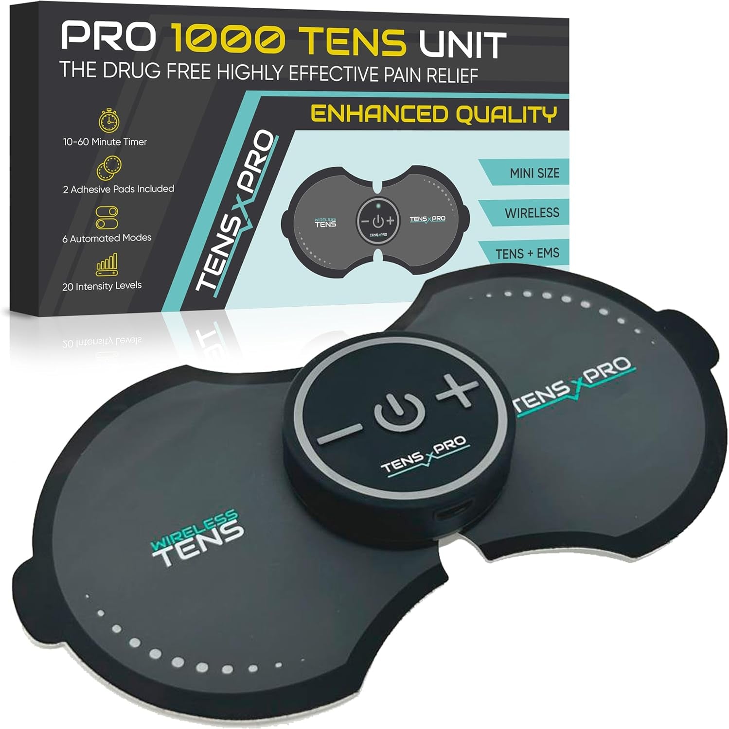 Pro 1000 Wireless Tens Unit for Pain Relief - Mini Tens Massager Portable Electric Muscle Stimulator - Deep Tissue EMS Pain Management Device - Pulse Therapy for Back Shoulder Neck Leg Arm (2 Pads)