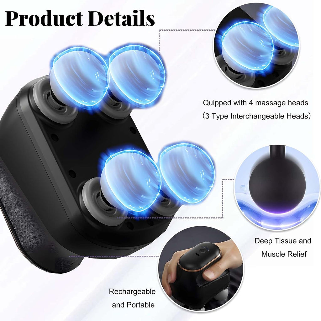2025 Advanced 4-Head Deep Tissue Electric Percussion Massager for Muscle Relaxation - 5 Adjustable Intensity Levels, Rechargeable Vibration Massage Device for Neck, Back, Shoulder, and Leg (Black)